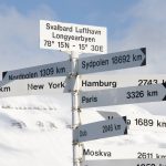 Cedule ukazující vzdálenosti z Longyearbyenu do různých světových metropolí