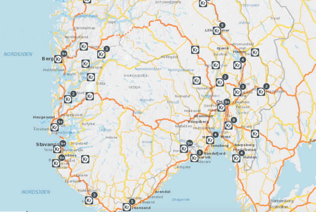 Mapa úseků s placeným mýtným v Norsku