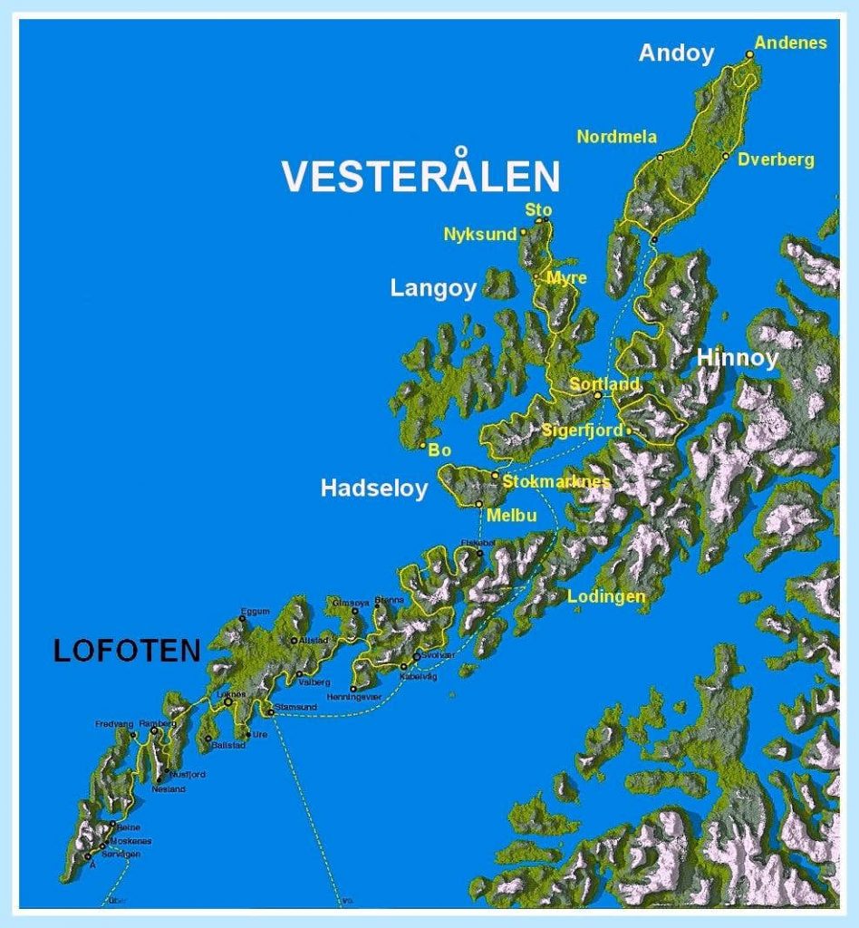Lofoty a Vesterály mapa