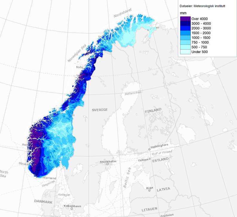 Počasí v Norsku: Průměrné roční srážky