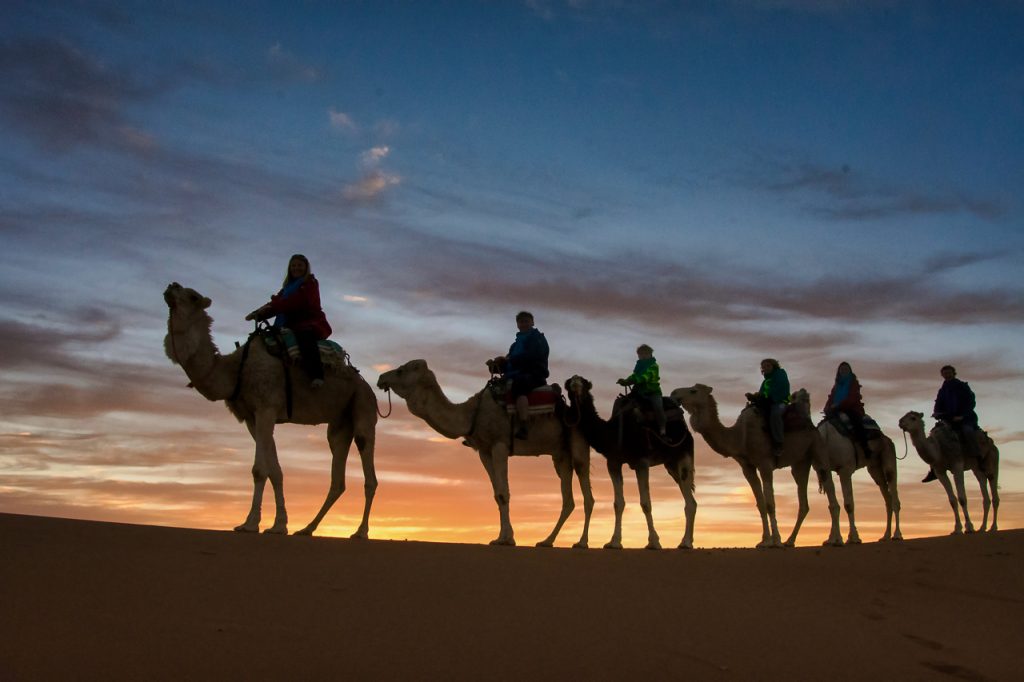 vyjížďka na velbloudu v marocké poušti Erg Chebbi za východem slunce