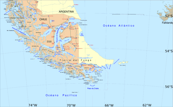 mapa hranic mezi Chile a Argentinou v Patagonii