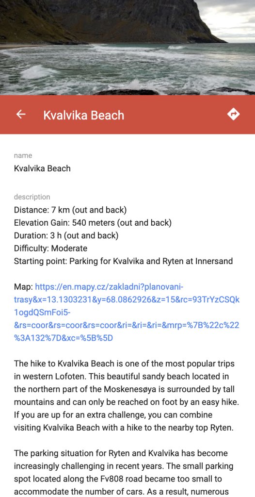 Mapa Lofoty: Popisek cesty na pláž Kvalvika